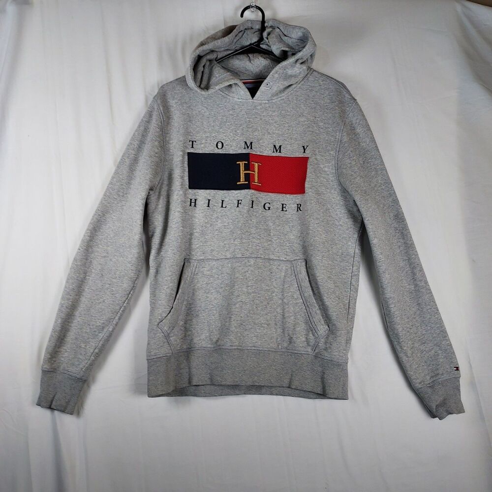 Tommy Hilfiger Hoodie Men’s M Gray Pullover Sweatshirt Flag Logo Casual